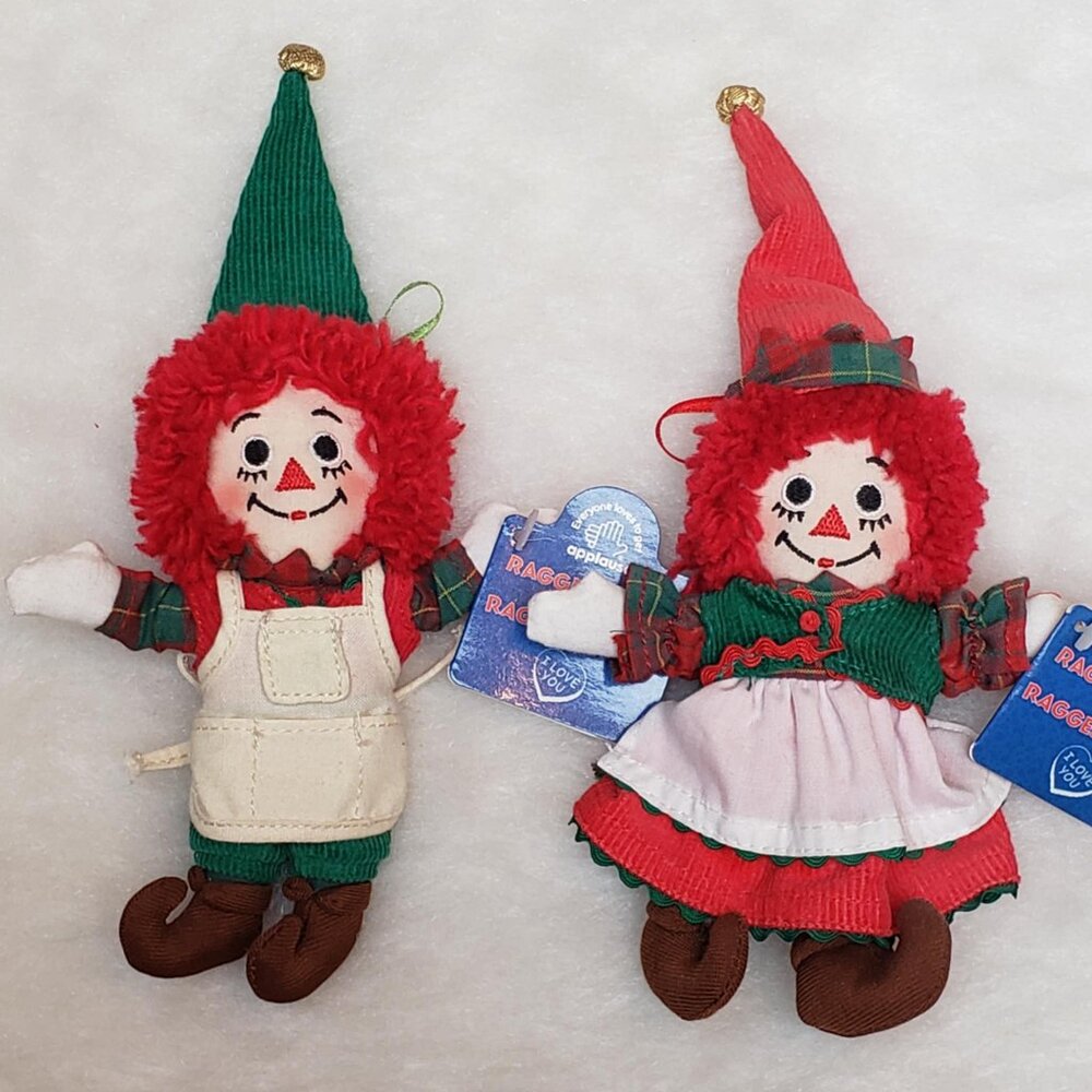 Y2K Raggedy Ann & Andy Elf Mini Dolls Holiday Christmas Ornament Set NWT